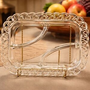 Imperial Glass Crystal Crocheted Edge 3-part Relish Tray 11 1/4in